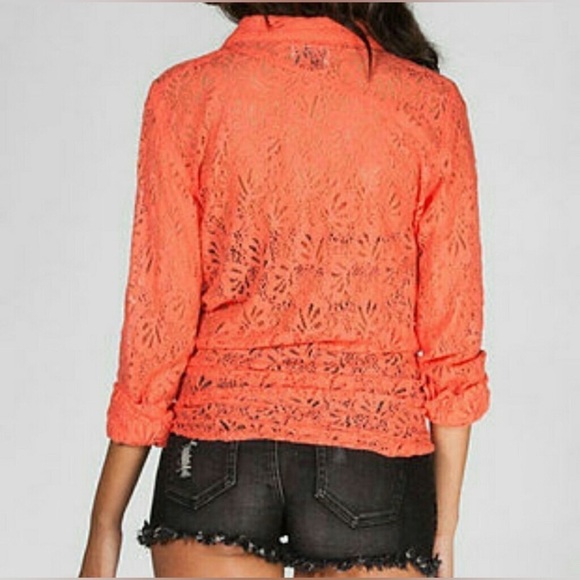 Volcom Orange Coral Peach floral Lace crochet knit Button down top small NWT - Picture 4 of 13